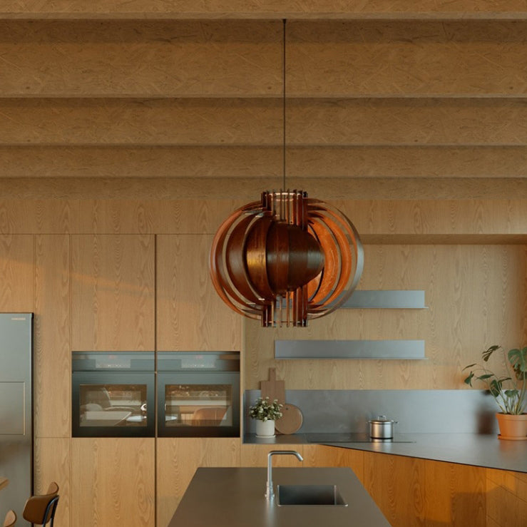 Traditional Vintage Basswood Plywood Ball Moon 1-Light Pendant Light For Dining Room