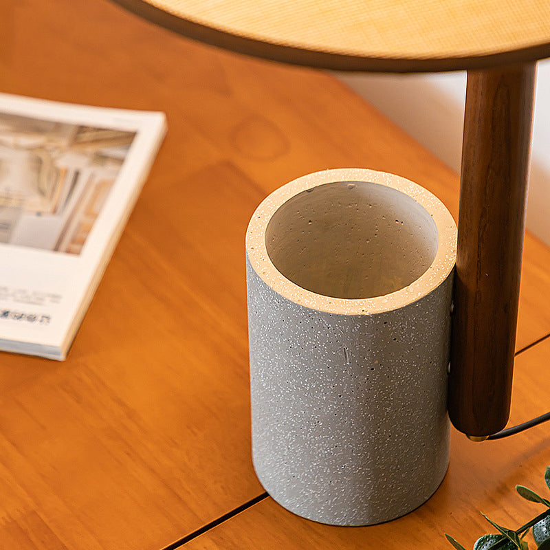 Traditional Vintage Ash Wood Fabric Cement Conic Cylinder Vase 1-Light Table Lamp For Bedroom