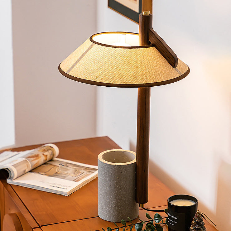 Traditional Vintage Ash Wood Fabric Cement Conic Cylinder Vase 1-Light Table Lamp For Bedroom