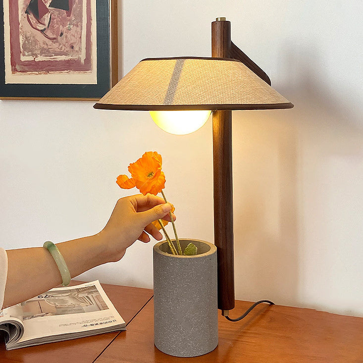 Traditional Vintage Ash Wood Fabric Cement Conic Cylinder Vase 1-Light Table Lamp For Bedroom