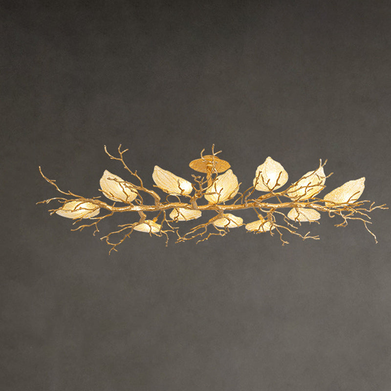 Contemporary Luxury Copper Branch Leaf 10/15 Light Semi-Flush Mount Ceiling Light For Living Room