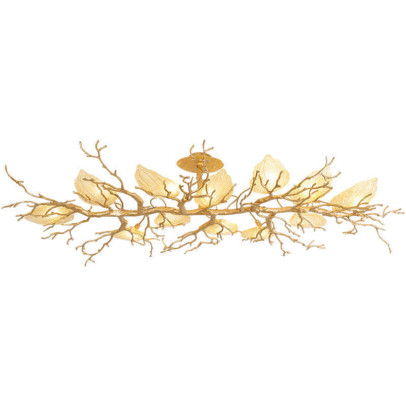 Contemporary Luxury Copper Branch Leaf 10/15 Light Semi-Flush Mount Ceiling Light For Living Room