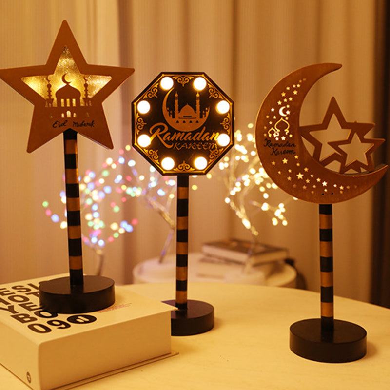 Contemporary Creative Battery Decorative Road Sign Moon Star Round Wood Metal LED Table Lamp For Bedroom