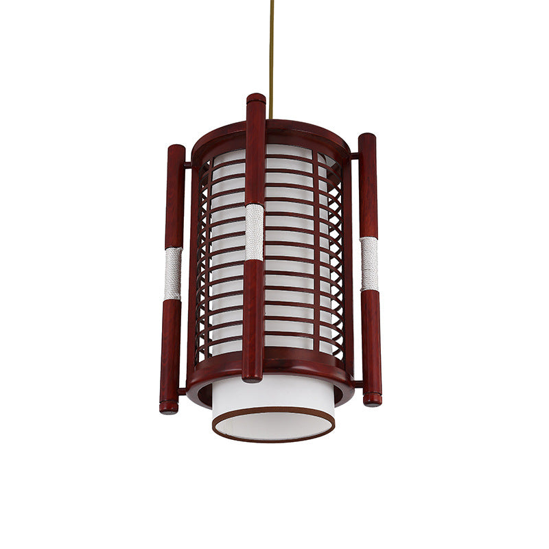 Traditional Chinese Camphor Pine Wood Imitation Sheepskin Cylinder Fence 1/3/5 Light Pendant Light For Dining Room