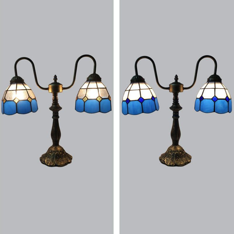 Traditional Tiffany Glass Iron Resin Swan Neck Dome Beads 2-Light Table Lamp For Bedside