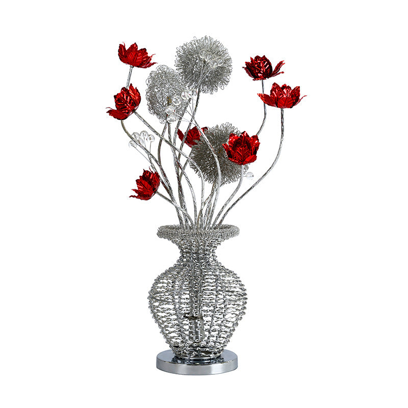 Modern Art Deco Aluminum Wire Weaving Decorative Vase Rose LED Table Lamp For Bedroom