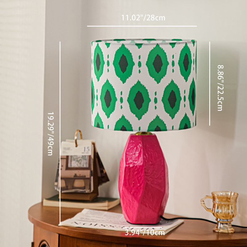 Traditional Vintage Ceramic Fabric Cylinder Geometric Patterned 1-Light Table Lamp For Bedroom