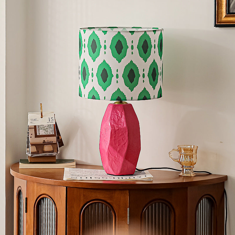 Traditional Vintage Ceramic Fabric Cylinder Geometric Patterned 1-Light Table Lamp For Bedroom