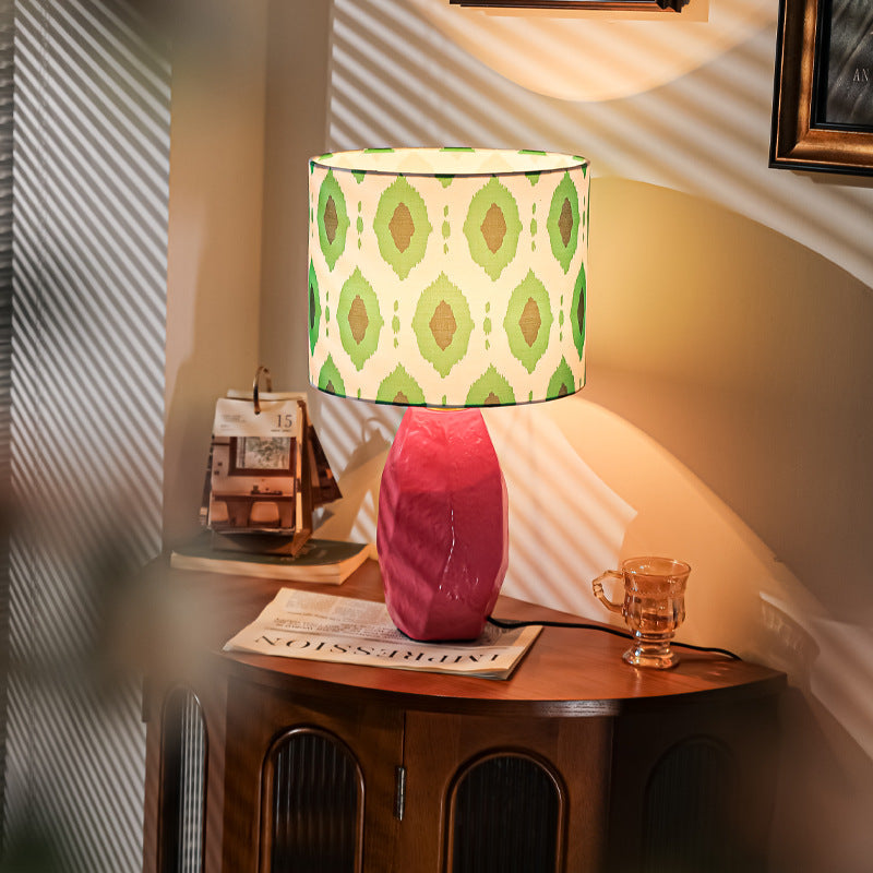 Traditional Vintage Ceramic Fabric Cylinder Geometric Patterned 1-Light Table Lamp For Bedroom