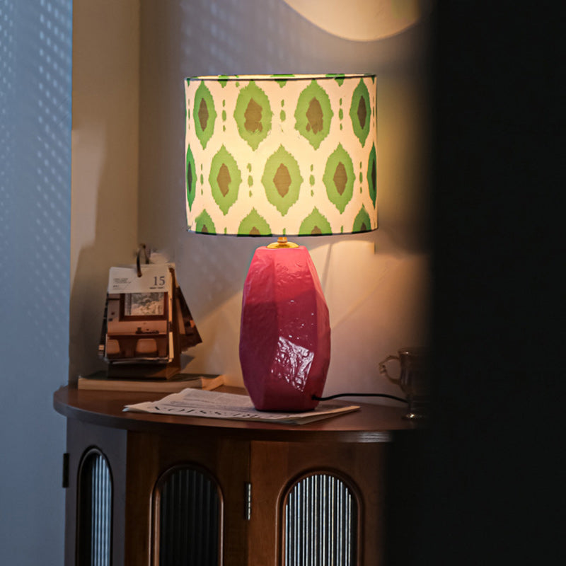 Traditional Vintage Ceramic Fabric Cylinder Geometric Patterned 1-Light Table Lamp For Bedroom