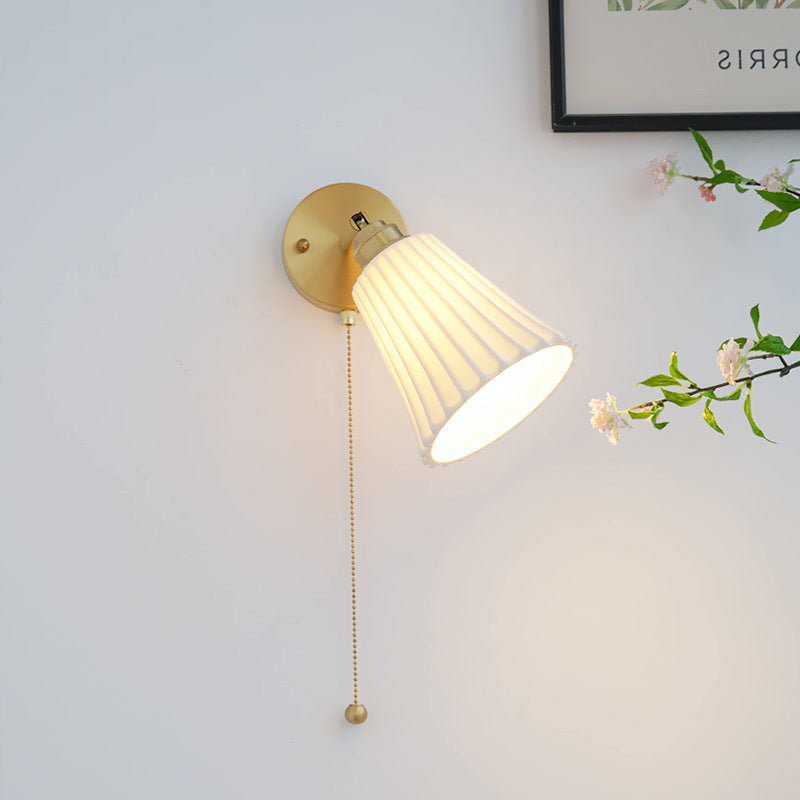 Traditional French Brass Ceramic Adjustable Horn Zipper Switch 1-Light Wall Sconce Lamp For Bedside
