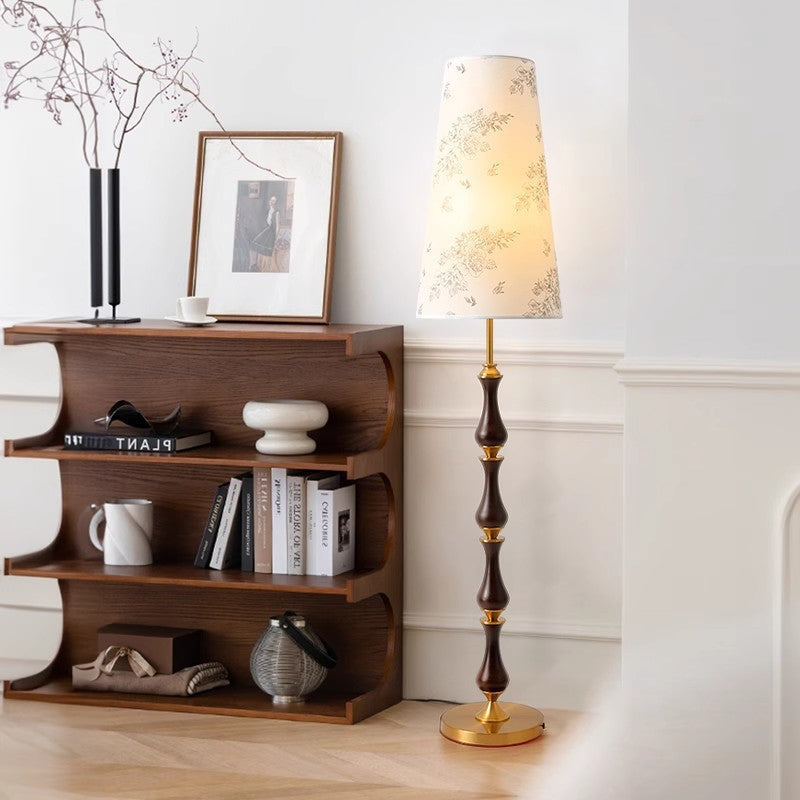 Contemporary Retro Solid Wood Metal Fabric Cylinder Printed Flower 1-Light Standing Floor Lamp For Living Room