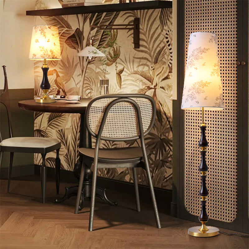 Contemporary Retro Solid Wood Metal Fabric Cylinder Printed Flower 1-Light Table Lamp For Bedroom