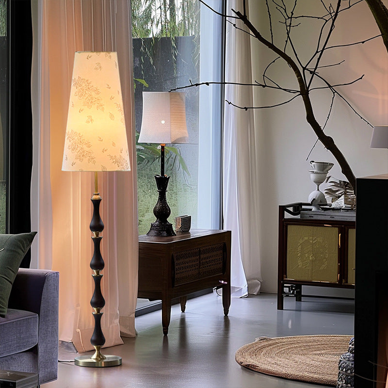 Contemporary Retro Solid Wood Metal Fabric Cylinder Printed Flower 1-Light Standing Floor Lamp For Living Room