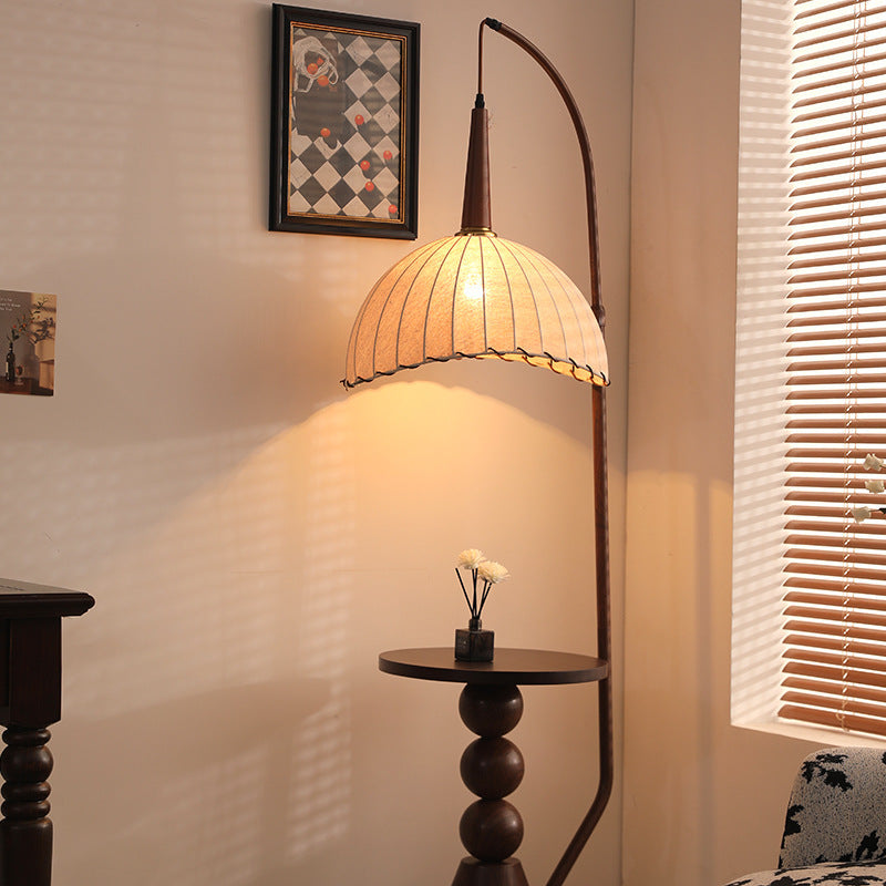 Contemporary Retro Wood Iron Fabric Dome Round Shelf 1-Light Standing Floor Lamp For Living Room