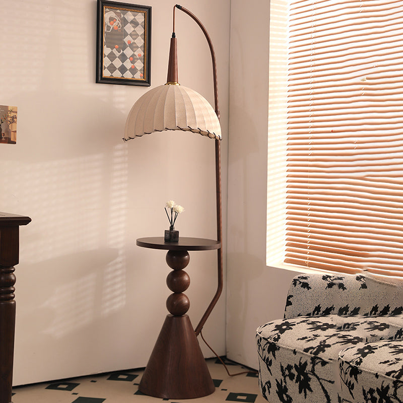 Contemporary Retro Wood Iron Fabric Dome Round Shelf 1-Light Standing Floor Lamp For Living Room