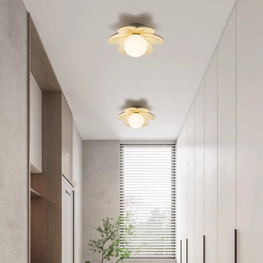 Contemporary Scandinavian Resin Metal Glass Flower Ball 1-Light Semi-Flush Mount Ceiling Light For Hallway