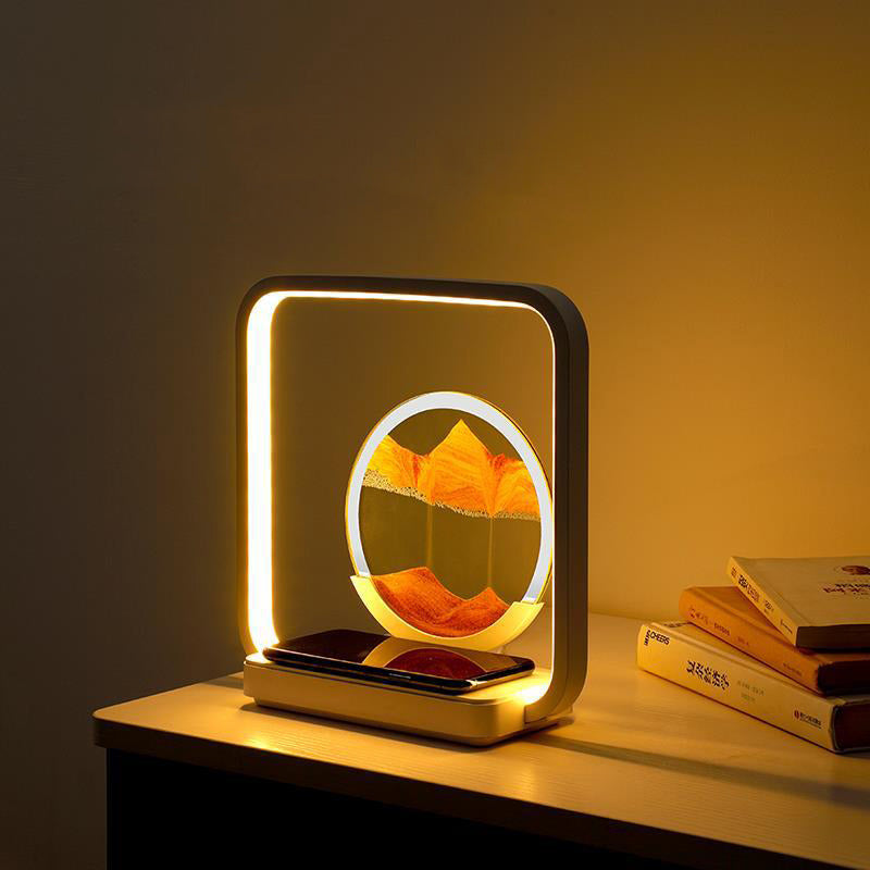 Modern Art Deco Square Sand Painting Metal ABS Silica Glass Wireless Charging USB Touch Dimmer LED Table Lamp Night Light For Bedside