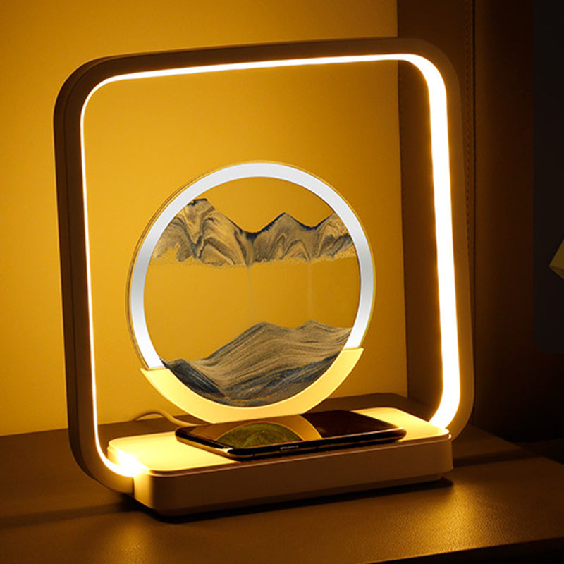 Modern Art Deco Square Sand Painting Metal ABS Silica Glass Wireless Charging USB Touch Dimmer LED Table Lamp Night Light For Bedside