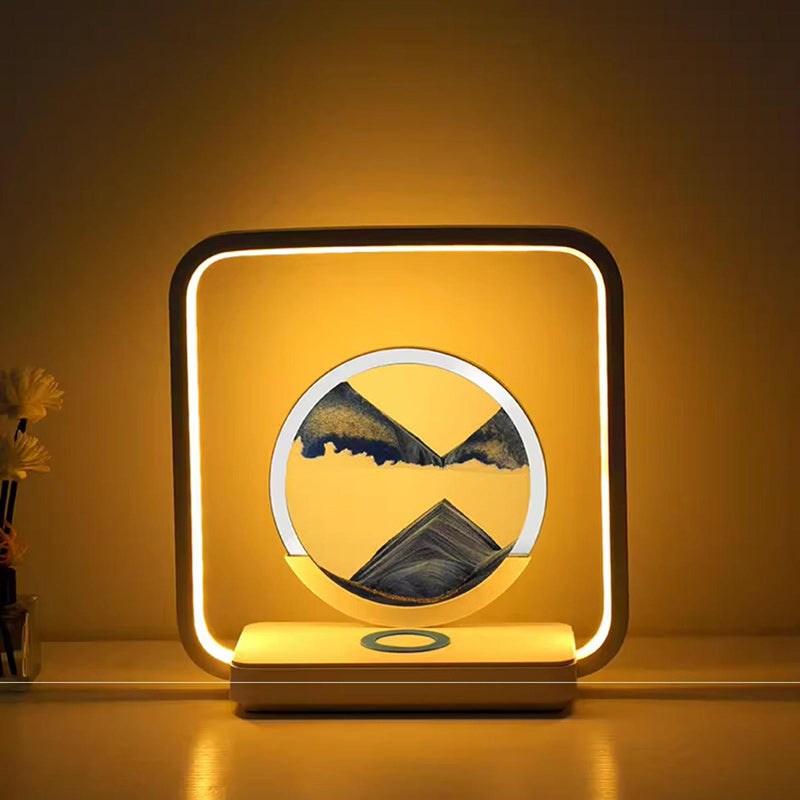 Modern Art Deco Square Sand Painting Metal ABS Silica Glass Wireless Charging USB Touch Dimmer LED Table Lamp Night Light For Bedside