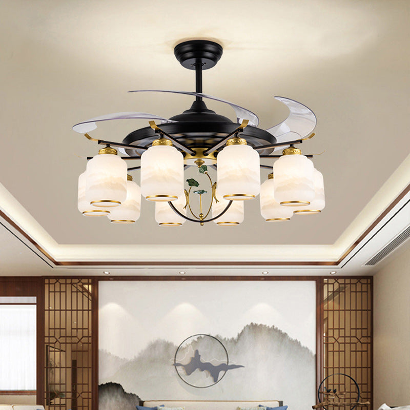 Traditional Chinese Iron Glass ABS Cylinder Deer 10-Light Downrods Ceiling Fan Light For Living Room
