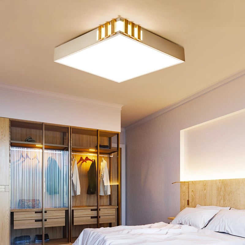 Traditional Japanese Metal Wood Acrylic Rectangular Square Round LED Flush Mount Ceiling Light For Bedroom