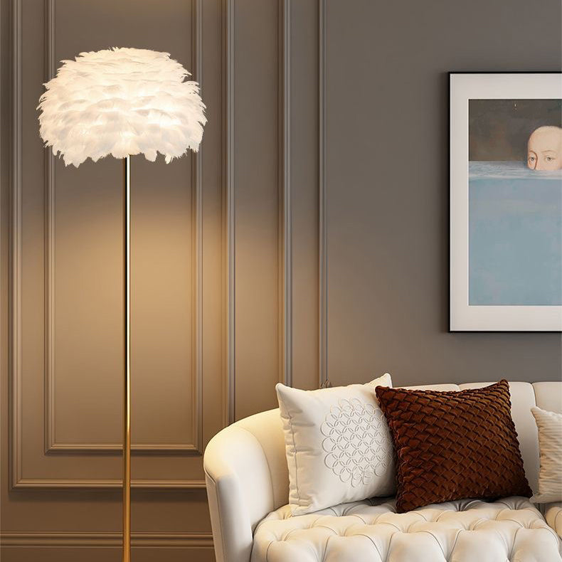 Contemporary Nordic Iron Feather Crystal Oval 1-Light Standing Floor Lamp For Living Room