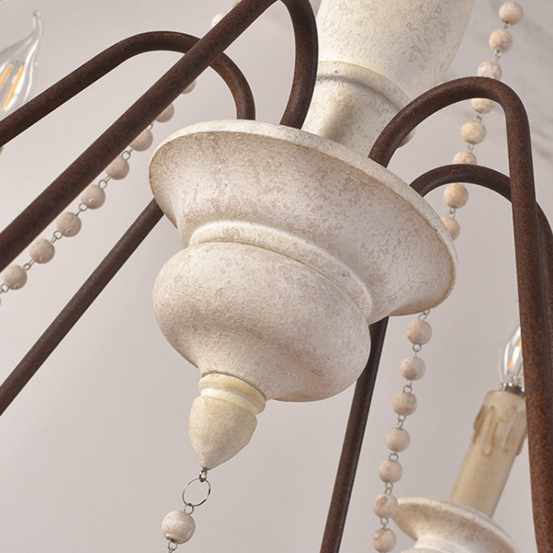 Traditional Vintage Iron Solid Wood Resin Candlestick Spire Bead 6/8/12 Light Chandeliers For Living Room