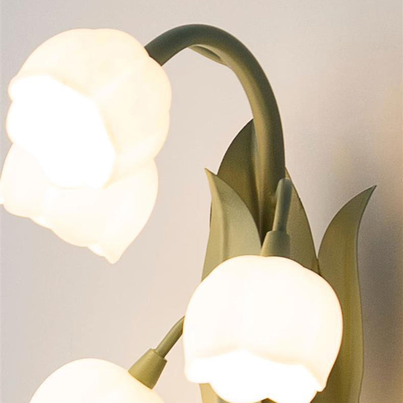 Traditional French Iron PC Glass Floral USB 5-Light Table Lamp For Bedside