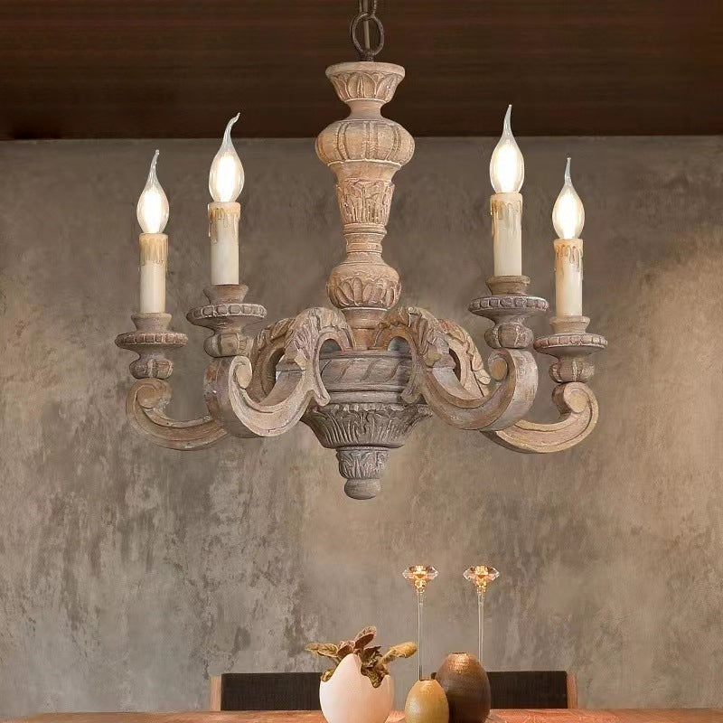 Traditional Vintage Wood Pillar Candle-Shaped 5/6/8 Light Chandeliers For Living Room