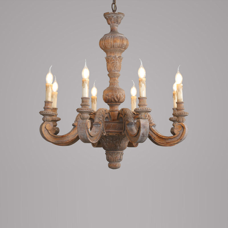 Traditional Vintage Wood Pillar Candle-Shaped 5/6/8 Light Chandeliers For Living Room