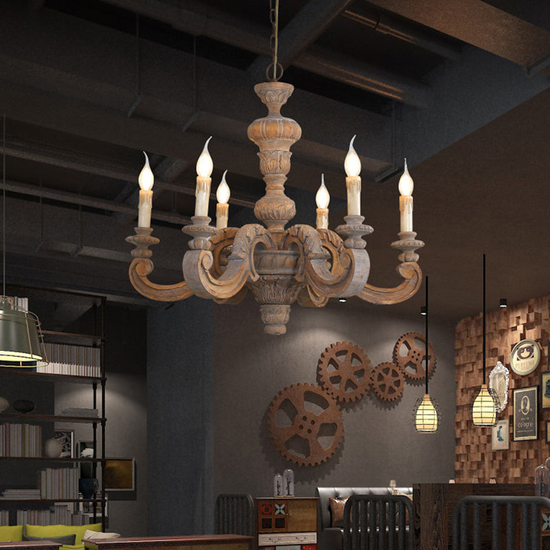 Traditional Vintage Wood Pillar Candle-Shaped 5/6/8 Light Chandeliers For Living Room
