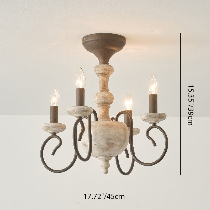 Traditional Vintage Wood Iron Candlestick Column 4-Light Semi-Flush Mount Ceiling Light For Living Room