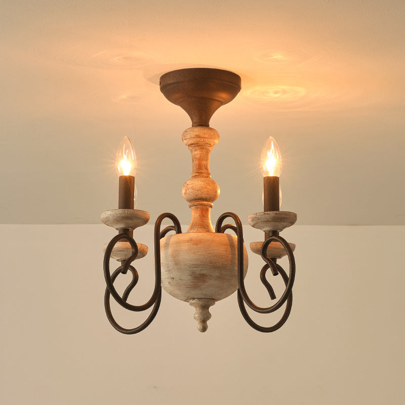 Traditional Vintage Wood Iron Candlestick Column 4-Light Semi-Flush Mount Ceiling Light For Living Room
