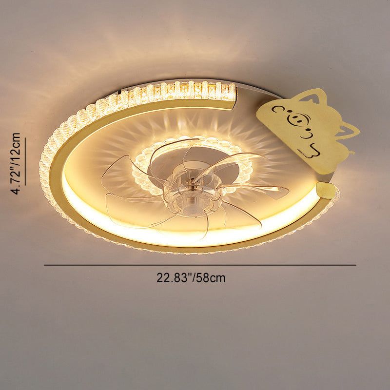 Modern Luxury Kids Round Crown Animal Acrylic ABS LED Flush Mount Ceiling Fan Light For Bedroom