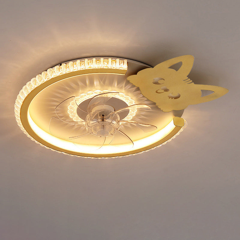 Modern Luxury Kids Round Crown Animal Acrylic ABS LED Flush Mount Ceiling Fan Light For Bedroom