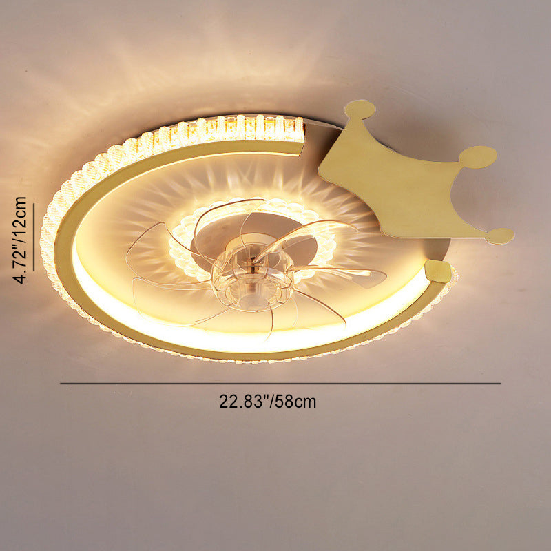 Modern Luxury Kids Round Crown Animal Acrylic ABS LED Flush Mount Ceiling Fan Light For Bedroom