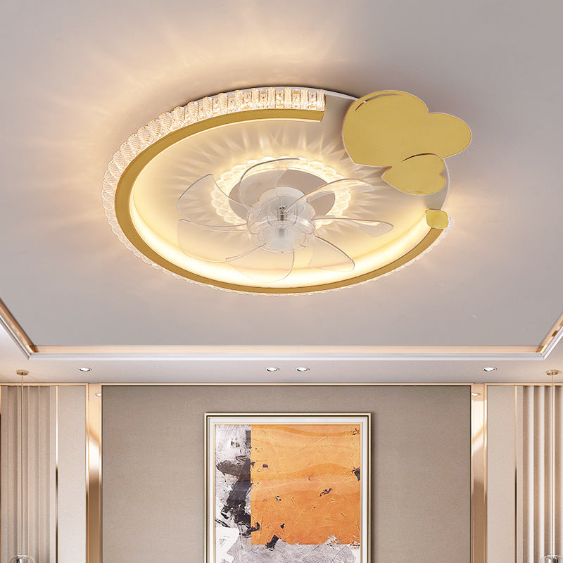 Modern Luxury Kids Round Crown Animal Acrylic ABS LED Flush Mount Ceiling Fan Light For Bedroom