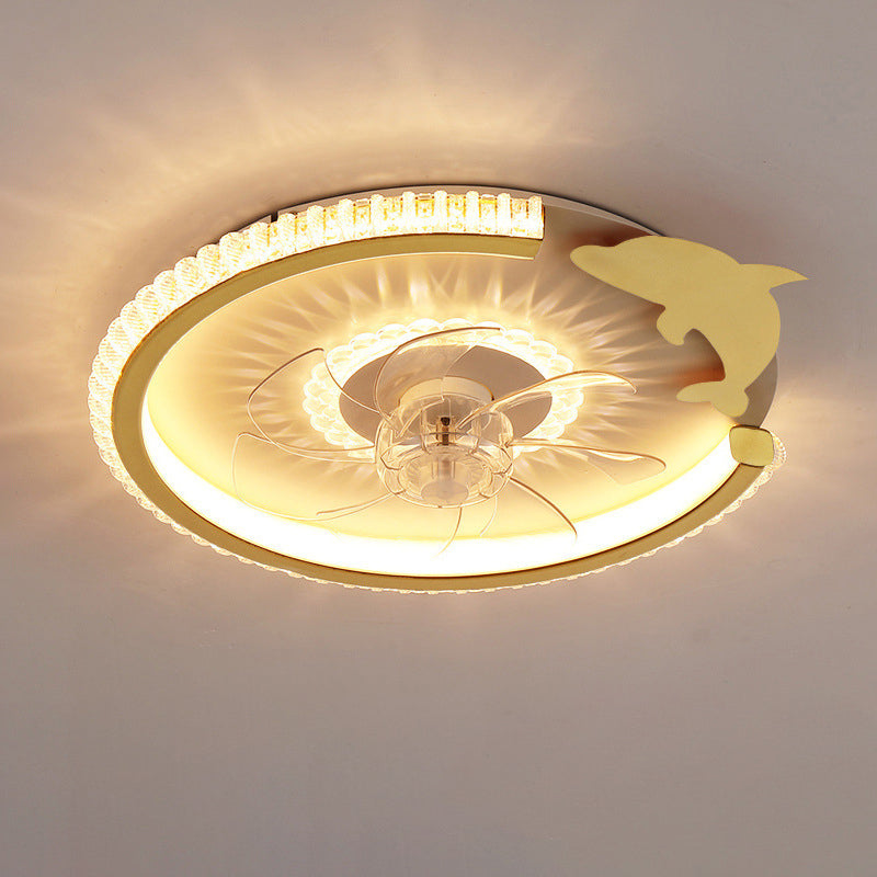 Modern Luxury Kids Round Crown Animal Acrylic ABS LED Flush Mount Ceiling Fan Light For Bedroom