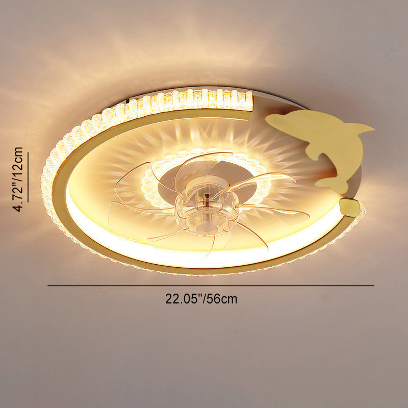 Modern Luxury Kids Round Crown Animal Acrylic ABS LED Flush Mount Ceiling Fan Light For Bedroom