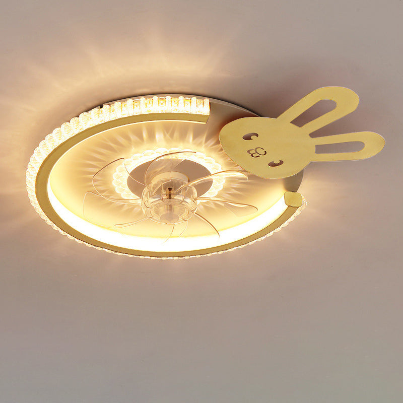 Modern Luxury Kids Round Crown Animal Acrylic ABS LED Flush Mount Ceiling Fan Light For Bedroom