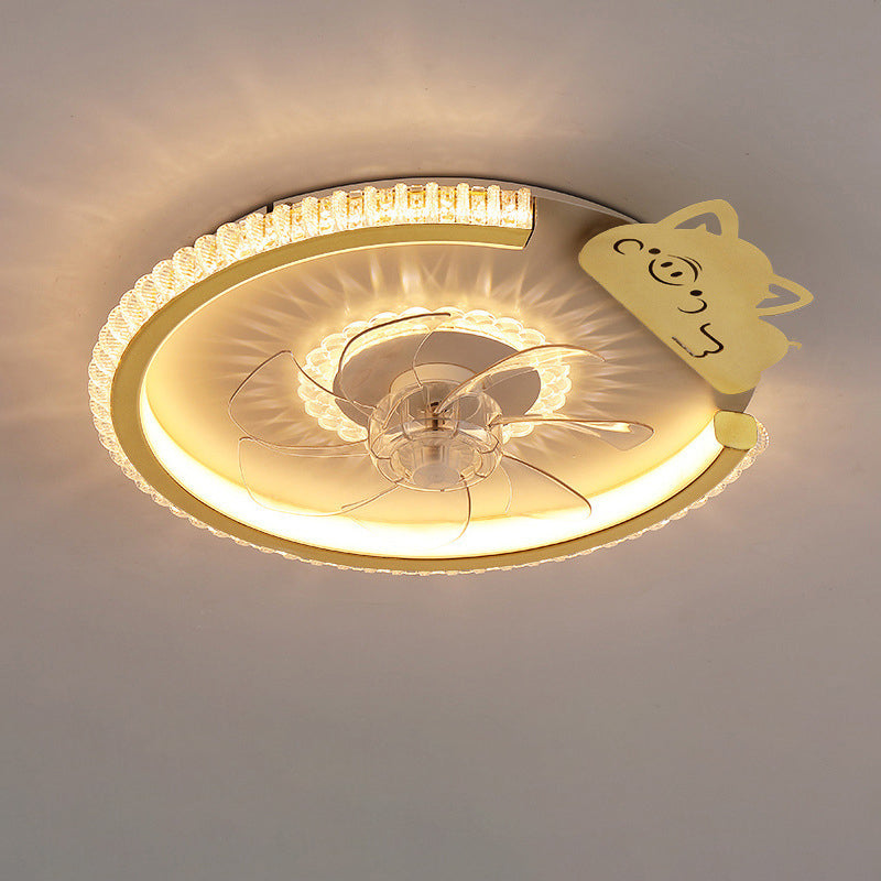 Modern Luxury Kids Round Crown Animal Acrylic ABS LED Flush Mount Ceiling Fan Light For Bedroom