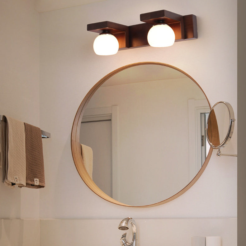 Contemporary Retro Rubber Wood Iron Glass Rectangular 2/3 Light Wall Sconce Lamp Vanity Light For Bathroom