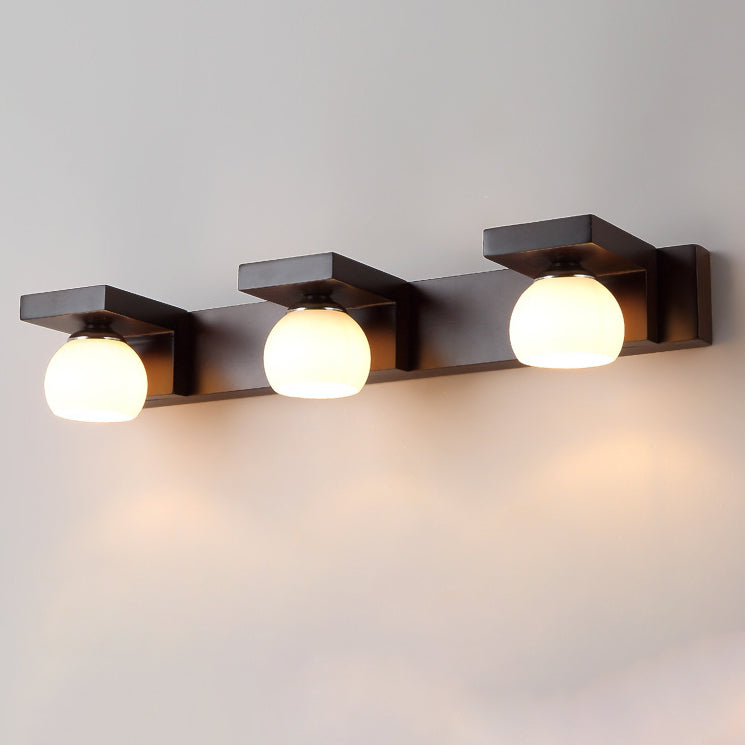 Contemporary Retro Rubber Wood Iron Glass Rectangular 2/3 Light Wall Sconce Lamp Vanity Light For Bathroom