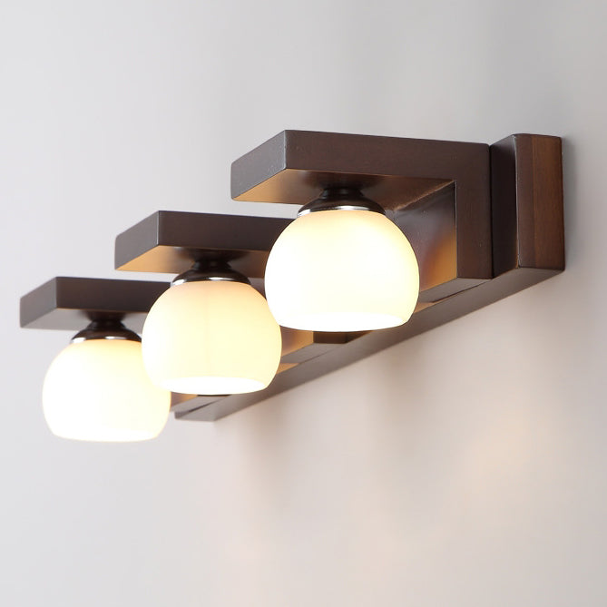 Contemporary Retro Rubber Wood Iron Glass Rectangular 2/3 Light Wall Sconce Lamp Vanity Light For Bathroom