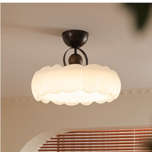 Contemporary Retro Rubber Wood Iron Acrylic Pellucid Round LED Semi-Flush Mount Ceiling Light For Bedroom