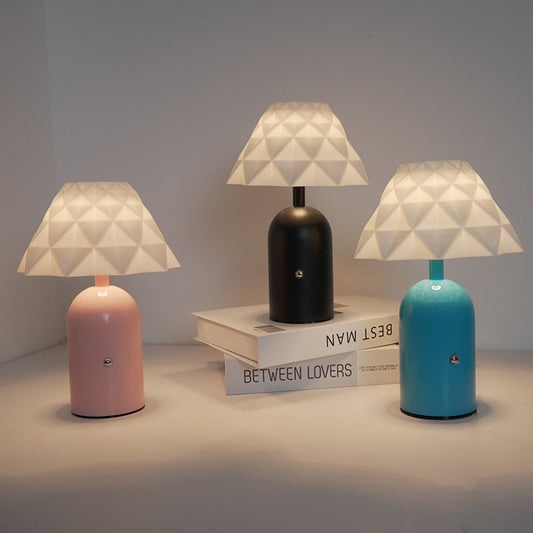 Contemporary Scandinavian Rechargeable Iron PC Conic Column Checkered Pattern LED Table Lamp Night Light For Bedside