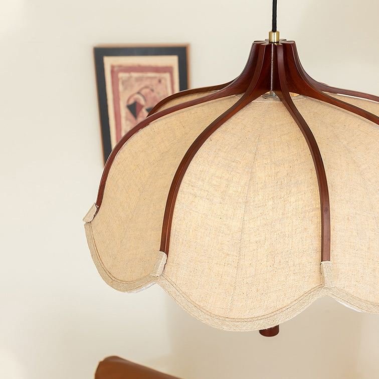 Traditional Vintage Oak Hardware Fabric Dome Petal 1-Light Pendant Light For Dining Room