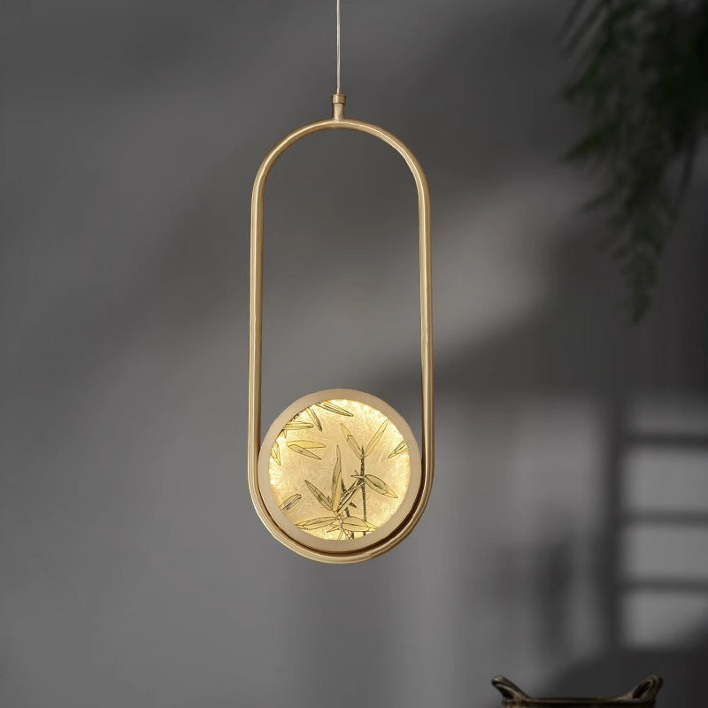 مصباح LED صيني تقليدي دائري مربع بيضاوي الشكل مصنوع من أوراق الخيزران المطلية بالنحاس والزجاج لوضعه بجانب السرير