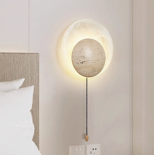 Contemporary Nordic Travertine Glass Round Smoke Textured Zipper LED Wall Sconce Lamp For Bedside